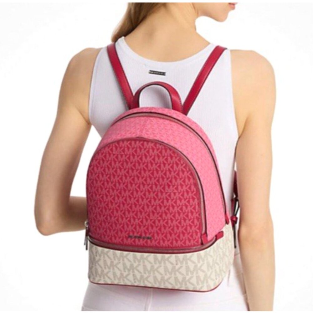 New Michael Kors Rhea Medium Colorblock Signature Logo Backpack Dark Raspberry - Picture 2 of 5